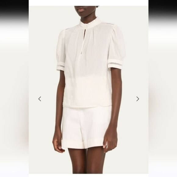Frame White Linen Blend Short Sleeve Inset Lace Ruffle Collar Top  NWOT Sz Large - Picture 2 of 8